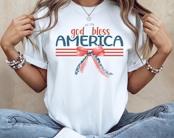 God Bless America-T-shirt met strik | Patriottisch 4 juli-shirt, comfortkleuren, shirt VS Amerika, T-shirt vlag