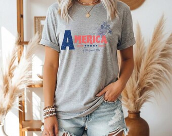 T-shirt met bloemenvlag van Amerika | Comfortkleuren Patriottisch 4 juli-shirt