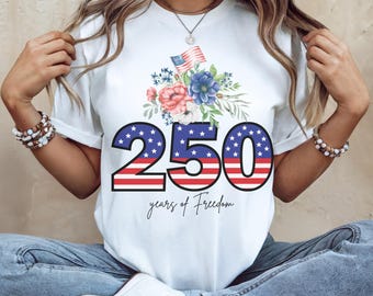 250 jaar vrijheid T-shirt | T-shirt met Amerikaanse vlag bloemen aquarel, T-shirt 4 juli