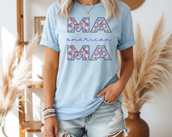 Amerikaanse bloemen MAMA T-shirt | T-shirt Mama, comfortkleuren, shirt 4 juli, shirt VS Amerika, T-shirt vlag