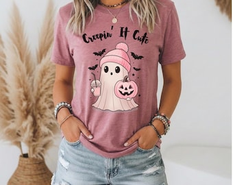 Creepin' It Cute ghost with pumpkin and latte T-Shirt Funny Halloween Outfit, Ghost Tee, Spooky Season Shirt