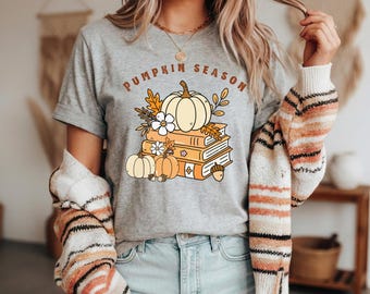 T-shirt met pompoenseizoenboeken en pompoenen | Leesshirt herfstherfst, grappige Halloween-outfit, Ghost-T-shirt, shirt Spooky Season