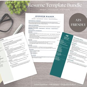 Peut inclure: Un ensemble de modèles de CV présentant trois mises en page distinctes avec des fonds blancs et bleu sarcelle foncé. Le texte inclut des en-têtes comme Professional Summary, Areas of Expertise et Professional Experience, avec l'étiquette ATS Friendly.