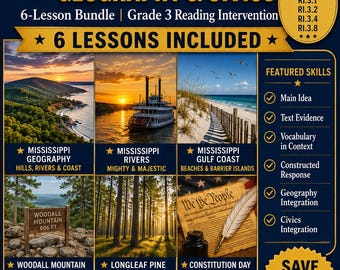 Mississippi Geographie & Civics Bündel | 6 Lektionen | Klasse 3 Leseinterferenz | Drucken und unterrichten