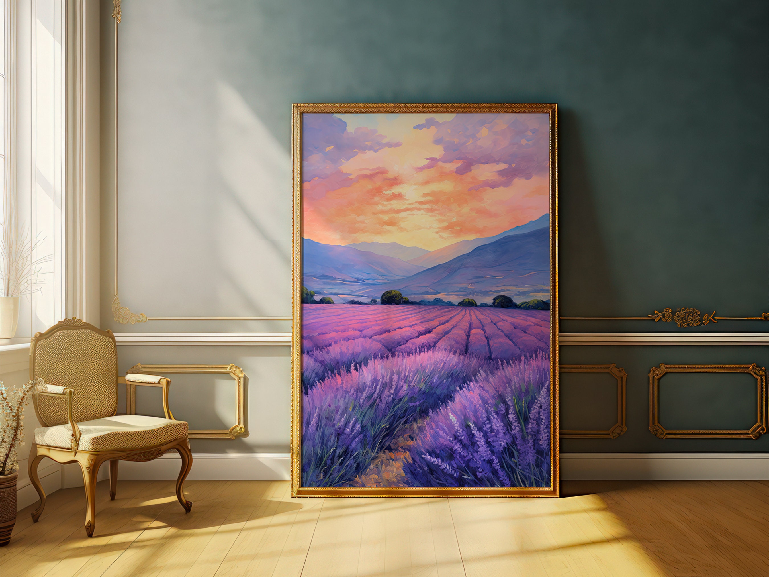 Lavender Field Sunset Digital Print, Purple Landscape Wall Art, Nature
