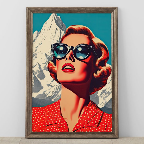 Vintage Style Fashion Poster, Retro Woman with Sunglasses Digital Art, Printable Wall Decor, Mid-Century Modern Artwork Download