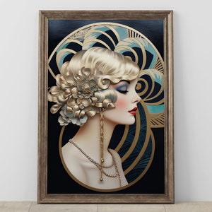 Art Deco Woman Portrait Digital Art, Vintage Inspired Flapper Girl Illustration, Roaring 20s Wall Decor, Printable Artwork Download