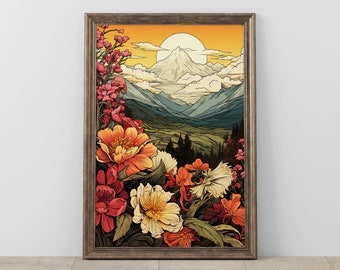 Vintage Floral Mountain Landscape Digital Print, Sunset Nature Wall Art, Colorful Botanical Illustration Poster