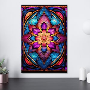 May include: A colorful stained glass style mandala with a flower design in shades of pink, purple, blue, yellow, and orange.