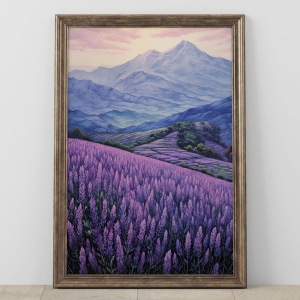 Lavender Field Digital Art Print, Mountain Landscape Poster, Purple Wall Art, Home Decor, Large Printable Nature Scenery Artwork