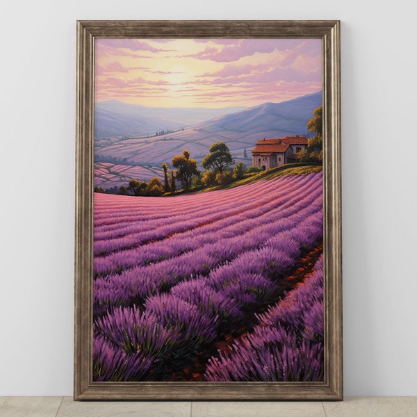 Lavender Fields Digital Print, Countryside Sunset Scenery, Rustic Tuscan Landscape, Home Decor Art