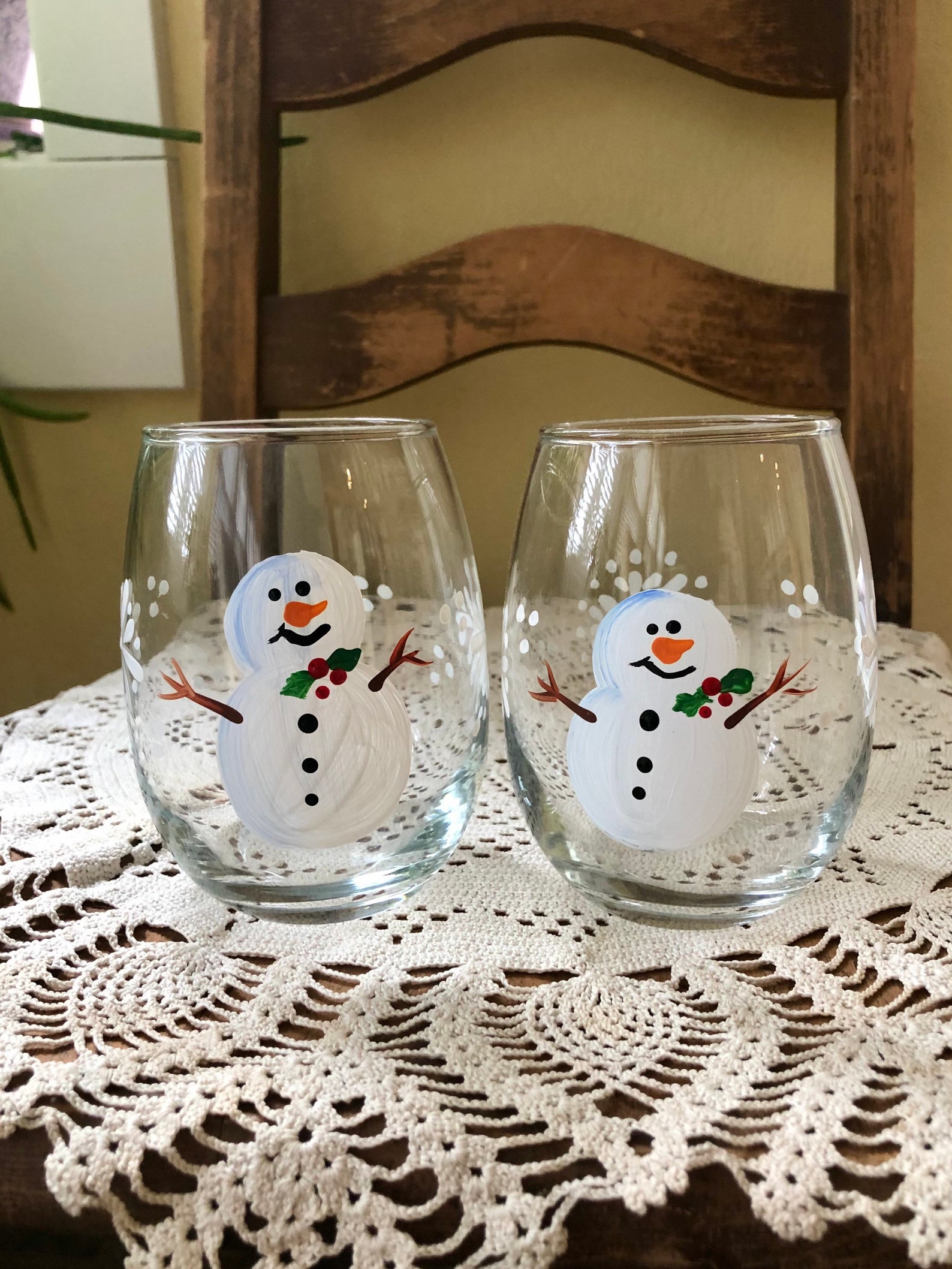 Hand Painted Snowman Stemless Wine Glasses. Set of Two. Etsy