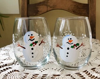 Hand painted Snowman stemless wine glass