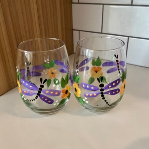 Fanciful Dragonfly hand painted stemless wine glasses set of two