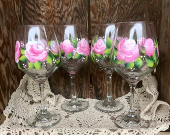 Hand painted Rose Wine Glasses Set of 4