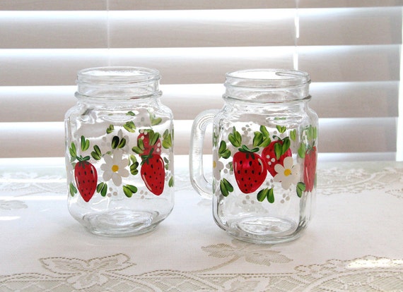 Two Hand Painted Strawberry Mason Jar Style Drinking Glasses With Handles  Top Shelf Dishwasher Safe 
