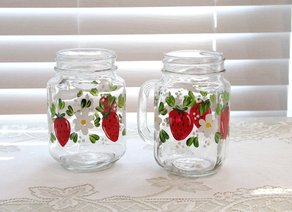 Two Hand Painted Strawberry Mason Jar Style Drinking Glasses with Handles  Top shelf dishwasher safe