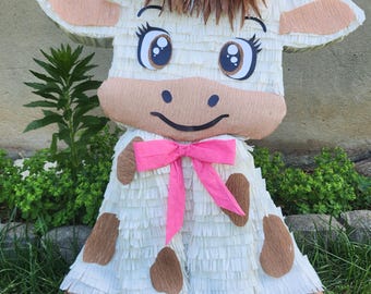 Handmade Baby Cow Piñata – Farm Theme Birthday Party Decor, Pink Bows