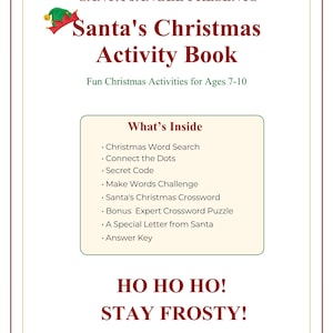 May include: A white activity book cover titled Santa's Christmas Activity Book with a green and red elf hat icon. It lists contents including a word search, connect the dots, secret code, word challenge, crosswords, and a letter from Santa.