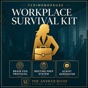 May include: A dark blue graphic featuring the gold text PERIMENOPAUSE WORKPLACE SURVIVAL KIT, a gold silhouette of a person holding a briefcase, and three gold icons labeled BRAIN FOG PROTOCOL, MEETING PREP SYSTEM, and SCRIPT GENERATOR.