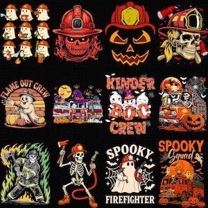 Peut inclure: Une collection de douze illustrations de pompiers sur le thème d'Halloween avec des fantômes, des squelettes et des citrouilles. Les motifs incluent un camion de pompiers, un crâne portant un casque et des textes comme Flame Out Crew, Kinder Boo Crew et Spooky Squad.