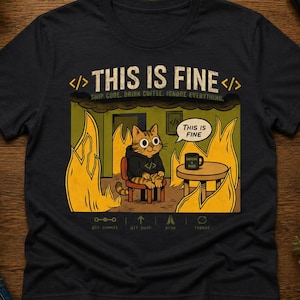 Può includere: Una t-shirt nera a maniche corte con la grafica di un gatto seduto in una stanza piena di fiamme gialle. Il gatto indossa una felpa con cappuccio ed è seduto a un tavolo con una tazza. Il testo recita: THIS IS FINE, SHIP CODE, DRINK COFFEE, IGNORE EVERYTHING.