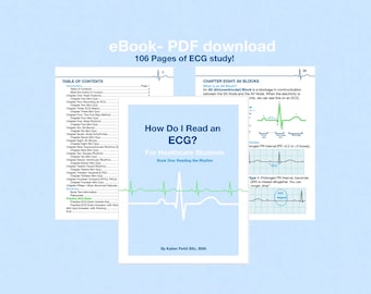 May include: An eBook PDF download titled How Do I Read an ECG? For Healthcare Students, Book One: Reading the Rhythm by Kallen Pettit BSc, BSN. The document contains 106 pages of ECG study material, including a table of contents and chapter pages.