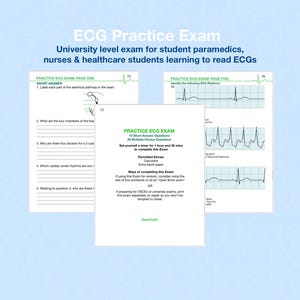 May include: An ECG Practice Exam workbook for student paramedics, nurses, and healthcare students. The pages feature short answer questions, multiple choice questions, and ECG rhythm strips with grid lines for learning to read cardiac electrical activity.