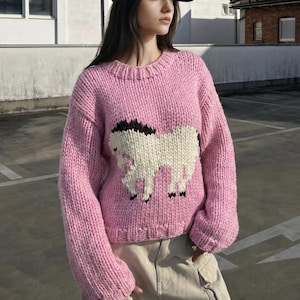 Handgemaakte roze grof gebreide trui bijgesneden oversized pony grafische trui