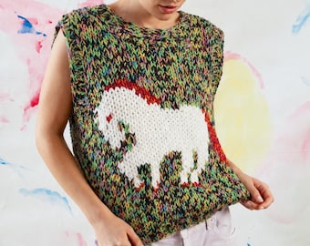 Handgestrickte Schaf Pullover Weste, Grobstrick Strickweste, Cottagecore Schaf Pullover, Übergroßer Handgefertigter Pullover Tank, Bunte Strickwaren