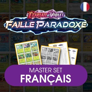 May include: A collection of trading cards from the Scarlet and Violet Paradox Rift set, featuring a purple banner with the text MASTER SET FRANÇAIS and a logo displaying the words ÉCARLATE ET VIOLET FAILLE PARADOXE against a grid of cards.