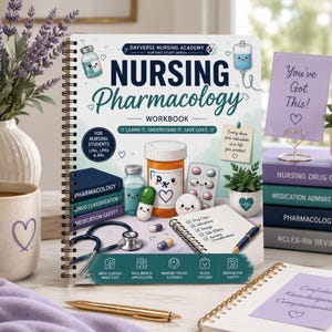 May include: A spiral-bound Nursing Pharmacology workbook with a white cover featuring illustrations of medicine bottles, pills, and a stethoscope. The text reads Dayverse Nursing Academy, Nursing Pharmacology Workbook, and Learn It. Understand It. Save Lives.