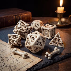 May include: A set of polyhedral dice and two bone-shaped dice with an off-white, aged finish and dark recessed numbering. The collection includes a d20, a d12, a d8, a d6, and a d4, all featuring intricate skeletal and ribcage-like structural details.