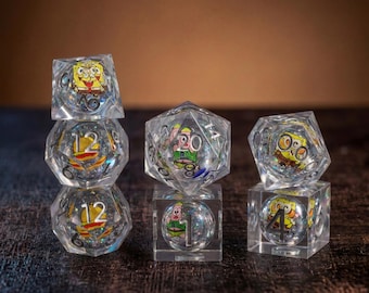 Bikini Bottom DND Dice Set, Cartoon Character Sharp Edge Resin Dice, Holographic Glitter Polyhedral D20, Funny Anime TTRPG Gamer Gift