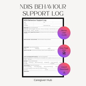 Può includere: Un documento NDIS Behaviour Support Log bianco con testo e linee nere, che include sezioni per data, ora, luogo, nome del cliente e dettagli sul comportamento. Tre icone circolari sfumate mostrano Bonus User Guide, One-Page PDF e Instant Download.