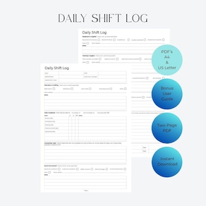 Könnte beinhalten: Eine Daily Shift Log Dokumentvorlage mit Abschnitten für Personalpräsenz, erledigte Aufgaben und aufgetretene Probleme. Das Dokument enthält Felder für Datum, Mitarbeiter und Vorgesetzten. Blaue kreisförmige Abzeichen weisen auf PDF A4 und US Letter Formate, einen Bonus-Benutzerleitfaden und sofortigen Download hin.