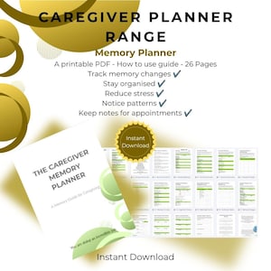 Könnte beinhalten: Ein druckbarer 26-seitiger Caregiver Memory Planner als PDF. Das Dokument enthält Text wie Caregiver Planner Range, Memory Planner und The Caregiver Memory Planner. Es umfasst Checklisten zum Verfolgen von Gedächtnisveränderungen, zur Organisation, Stressreduzierung, Mustererkennung und zum Notieren von Terminen.