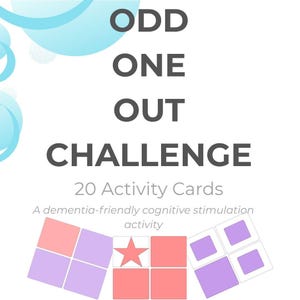 Può includere: Un set di 20 carte attività intitolato ODD ONE OUT CHALLENGE. Il testo include A dementia-friendly cognitive stimulation activity. Il design presenta accenti circolari azzurri e tre carte quadrate con motivi di colore rosa e viola.