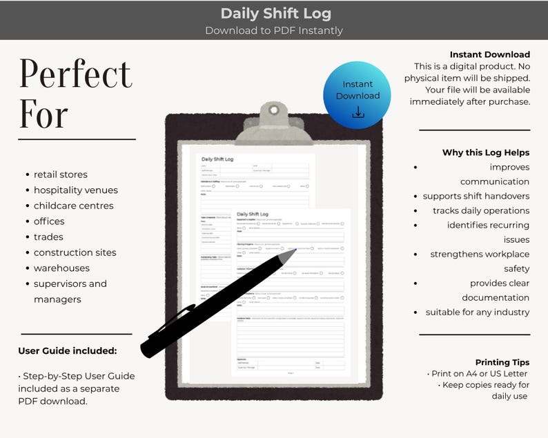 Daily Shift Log | Workplace Operations & Handover Checklist (printable ...