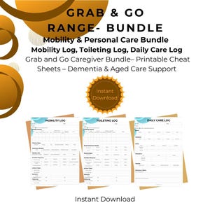 Ensemble Mobilité et Soins personnels | Carnet de mobilité, Carnet d'utilisation des toilettes, Carnet de soins quotidiens | Kit imprimable pour les aidants | Documentation pour les soins aux personnes âgées | Gamme Prêt à emporter