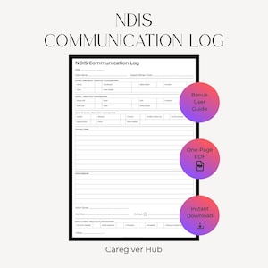 May include: A white NDIS Communication Log form with black text, featuring sections for date, client name, support worker, contact details, method, reason for contact, summary, notes, actions required, action owner, due date, and follow-up status.