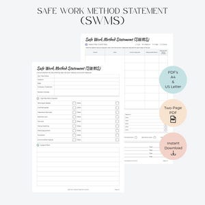 Peut inclure: Un modèle de document de déclaration de méthode de travail sécurisée (SWMS) en deux pages comprenant une liste de contrôle des risques, un tableau de contrôle des dangers et des champs pour les détails du travail, A4 et US Letter.