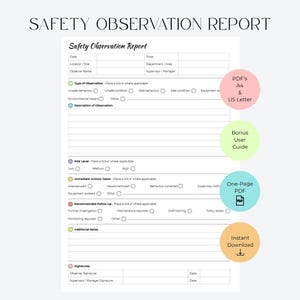 May include: A white Safety Observation Report form with black text, featuring sections for date, time, location, observer, and risk level. Circular icons on the right highlight PDF formats in A4 and US Letter, a bonus user guide, and instant download.