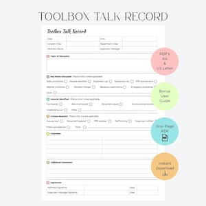 Può includere: Un modulo bianco di Toolbox Talk Record con testo nero, che presenta sezioni per data, ora, luogo, facilitatore e supervisore. Include caselle di controllo per argomenti, pericoli e azioni, oltre a righe per la firma e quattro badge informativi circolari colorati.