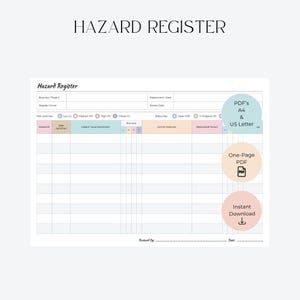 Hazard Register | WHS Hazard Tracking Log | Workplace Safety Compliance Form | Printable PDF