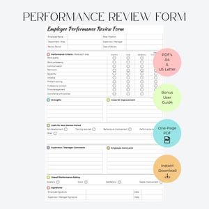 May include: A white employee performance review form with black text and lines. The document includes sections for employee details, performance criteria, strengths, areas for improvement, goals, comments, and signatures. Four colored circles list features.