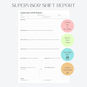 Puede incluir: Un formulario de informe de turno de supervisor en blanco con texto negro, que incluye secciones para fecha, departamento, turno y nombres de supervisores. Contiene campos para resumen de turno, estado operativo y tareas pendientes.