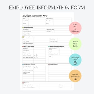Op de afbeelding: Een wit formulier voor werknemersinformatie met secties voor persoonlijke gegevens, werkgelegenheid, noodcontacten, bank- en salarisgegevens, medische informatie, kwalificaties en handtekeningen. Bevat ronde iconen voor PDF A4 en US Letter.