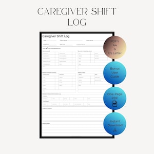 May include: A white Caregiver Shift Log document with black text and lines, featuring sections for tasks, hydration, nutrition, and incidents. To the right, four circular badges list PDF's A4 & US Letter, Bonus User Guide, One-Page PDF, and Instant Download.