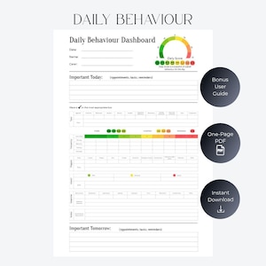May include: A Daily Behaviour Dashboard printable form featuring sections for date, name, carer, and important tasks. It includes a colour-coded daily score gauge, behaviour tracking grids with emoji indicators, and sections for triggers, impact, and response.
